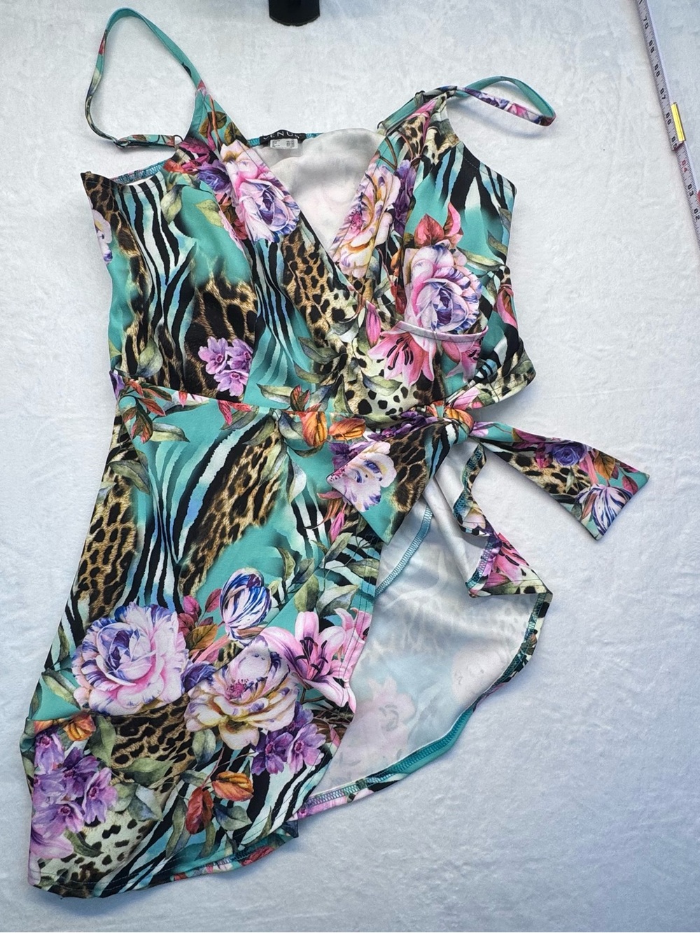 Venus Floral Animal Print Faux Wrap Dress XL Side Tie Stretch - Picture 2 of 10